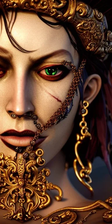 portrait of Pirate Queen, gorgeous, stunning, intense, intricate details, photo realistic, finely detailed outfit, extremely ornate, octane render, Unreal Engine, by Weta Digital, by Wêtà FX, by WLOP, Cinematic, Color Grading, Editorial Photography, Photography, Photoshoot, Shot on 70mm, Ultra-Wide Angle, Depth of Field, DOF, Tilt Blur, Shutter Speed 1/1000, F/22, Gamma