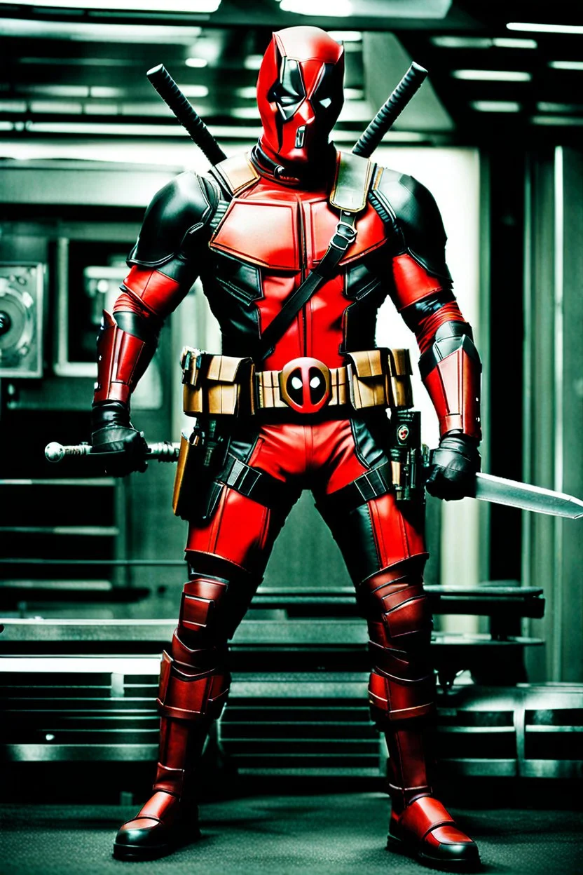 Deadpool in large, futuristic armor, photograph