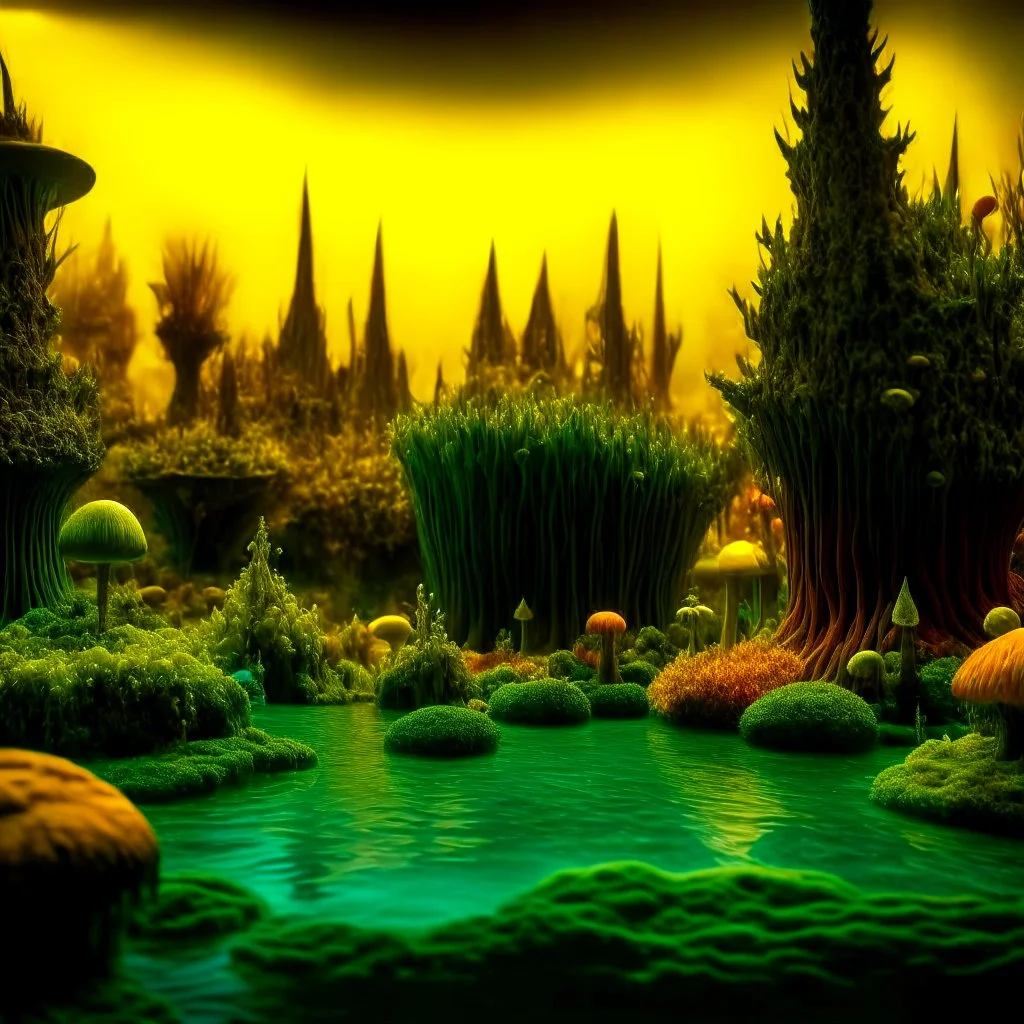 Odd swamp landscape with odd beings surreal abstract Max Ernst style, 120mm photography, sharp focus, 8k, 3d, very detailed, volumetric light, grim, fine art, very colorful, ornate, F/2.8, insanely detailed and intricate, hypermaximalist