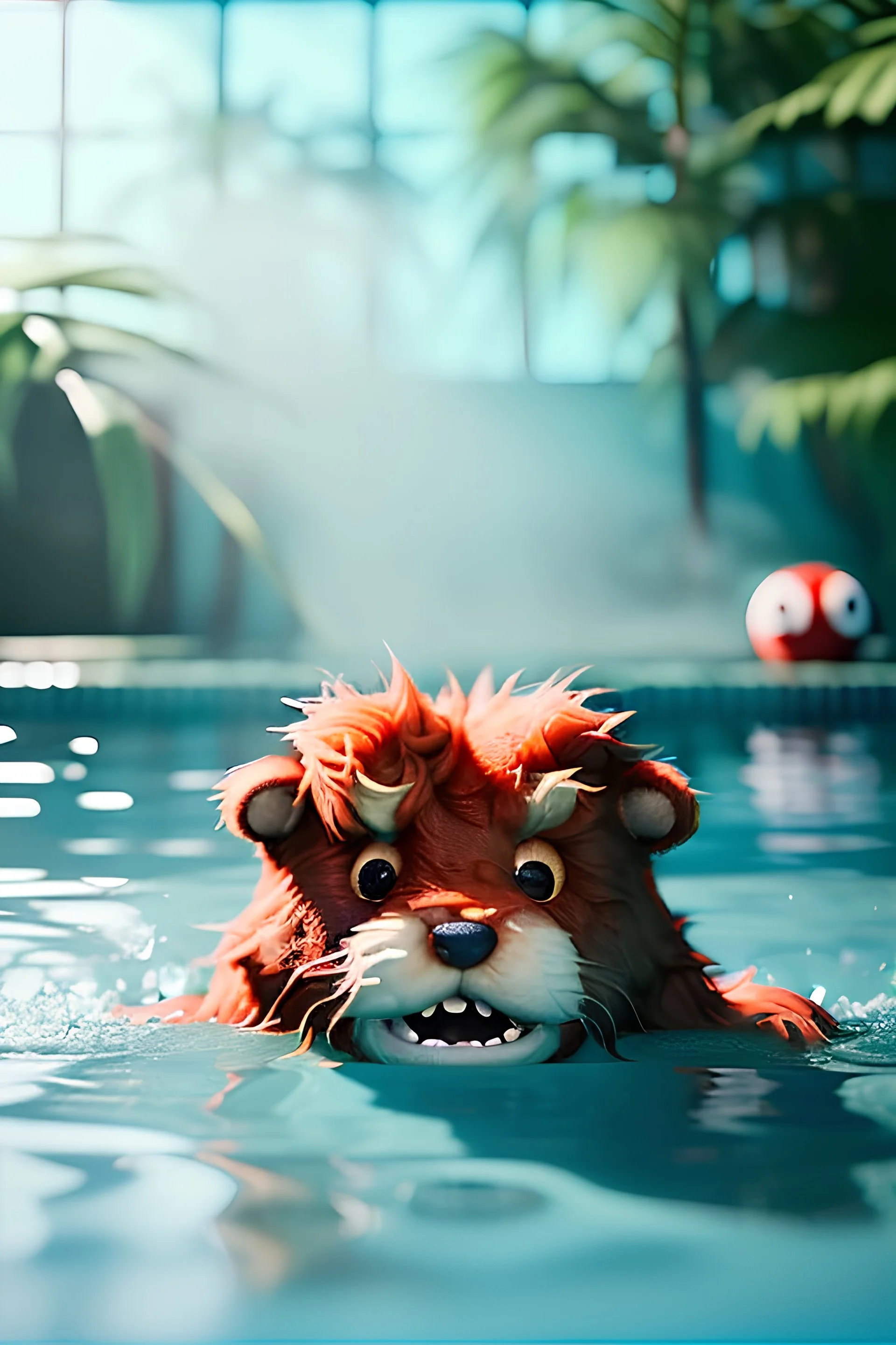 Realistic pool scene. big furry monster into water. Wes Anderson style. Red hair, smile, happy, gradient color fog. highly detailed, concept art, unreal engine 5, ray tracing, RTX, lumen lighting, ultra detail, volumetric lighting, 3d, finely drawn, high definition, high resolution.