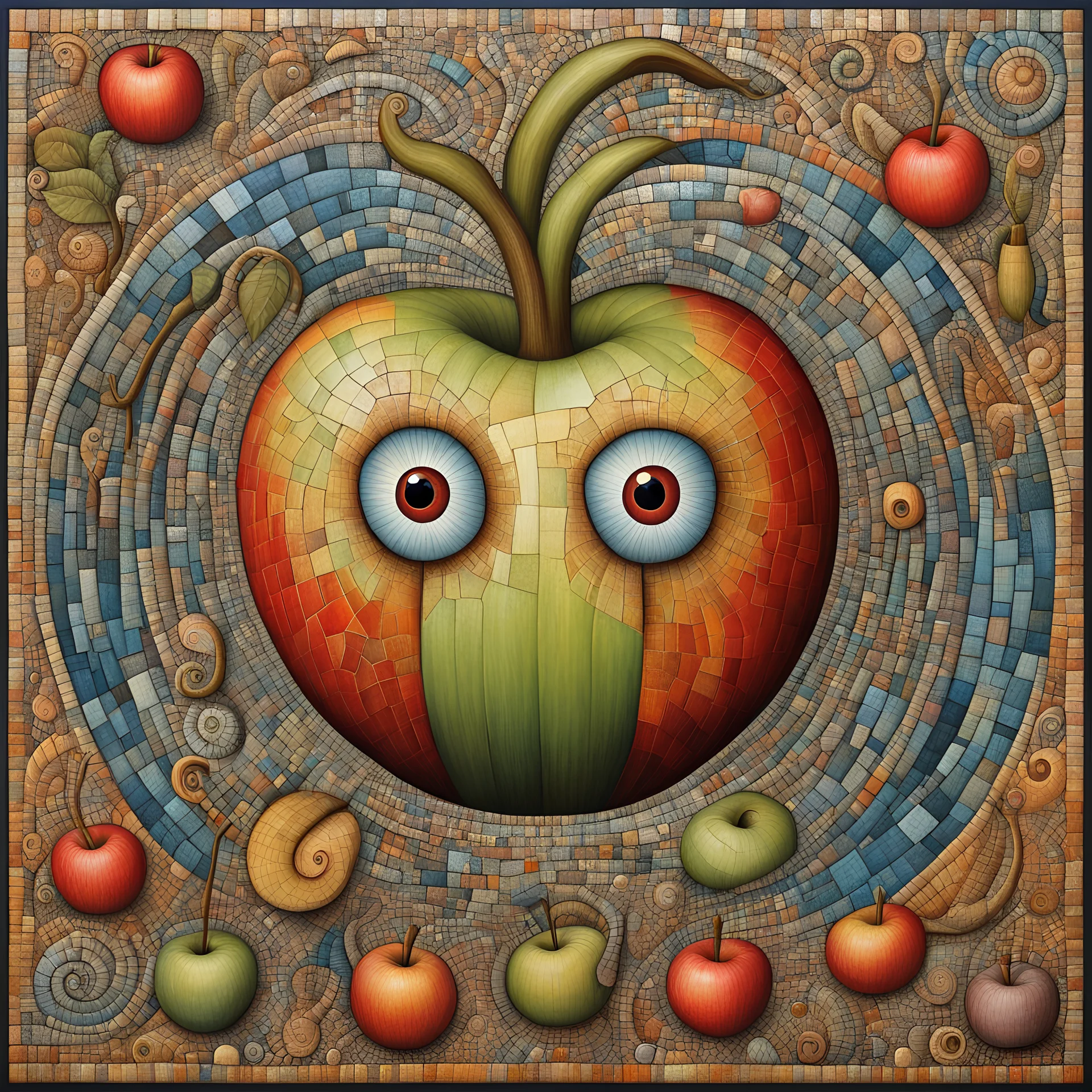 Enhanced modern surrealism, surreal anthropomorphic apple, worms with eyes popping out of apple, by Desmond Morris, pronounced modern mosaic textures, mind-bending neo-surrealist image, large mosaic tiles, by Pawel Kuczynski, absurdity.