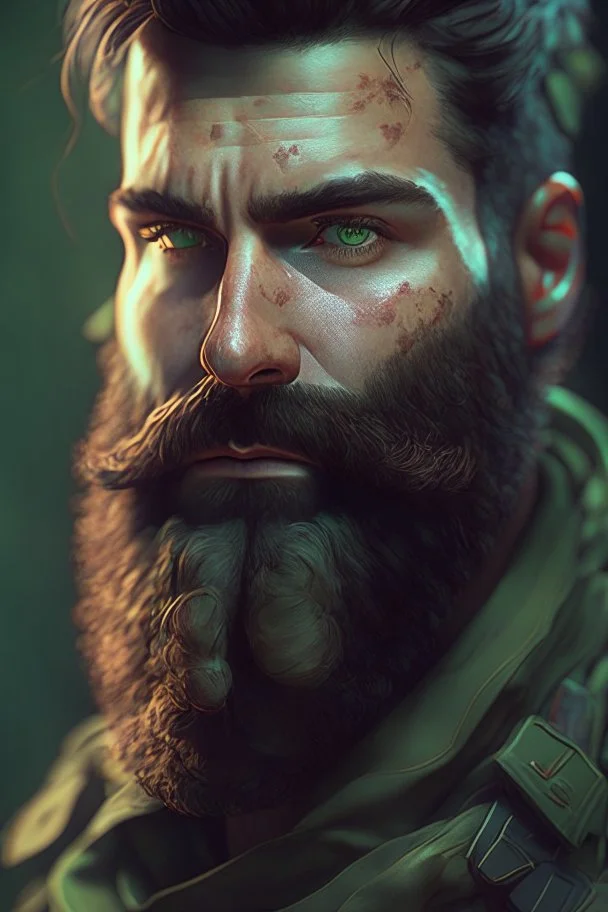 photorealistic male bearded handsome soldier, hyperdetailed painting, luminism, Bar lighting, complex, dark green miltary, 4k resolution concept art, Artgerm, WLOP, Alphonse Mucha, 3d render, octane render, intricately detailed, cinematic, awesome full color, hand drawn, dark, gritty, cinematic, buckeye burl