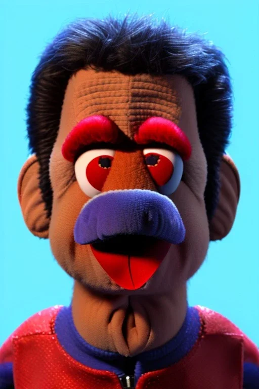 Waist up muppet Portrait, Nicolas maduro us muppet doll, Venezuelan president, tracksuit red blue and yellow, mustache, photo studio, red background, unreal engine 5, concept art, art station, ray tracing, lumen lighting, ultra detail, volumetric lighting, 3d.