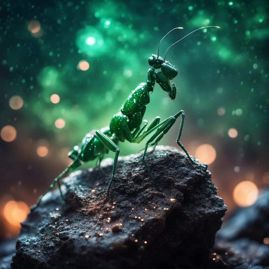 dark green crystal mantis on top of a rock, rainy night, nebula and constellations on sky, sharp focus, high contrast, bright vibrant colors, cinematic masterpiece, shallow depth of field, bokeh, sparks, glitter, 16k resolution, photorealistic, intricate details, dramatic natural lighting