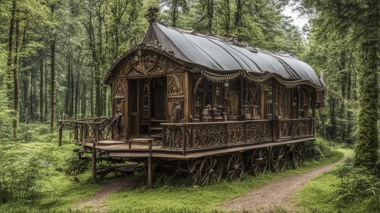 group of Large Gothic Two-story, wooden gipsy caravan on a pathway in a woodland clearing