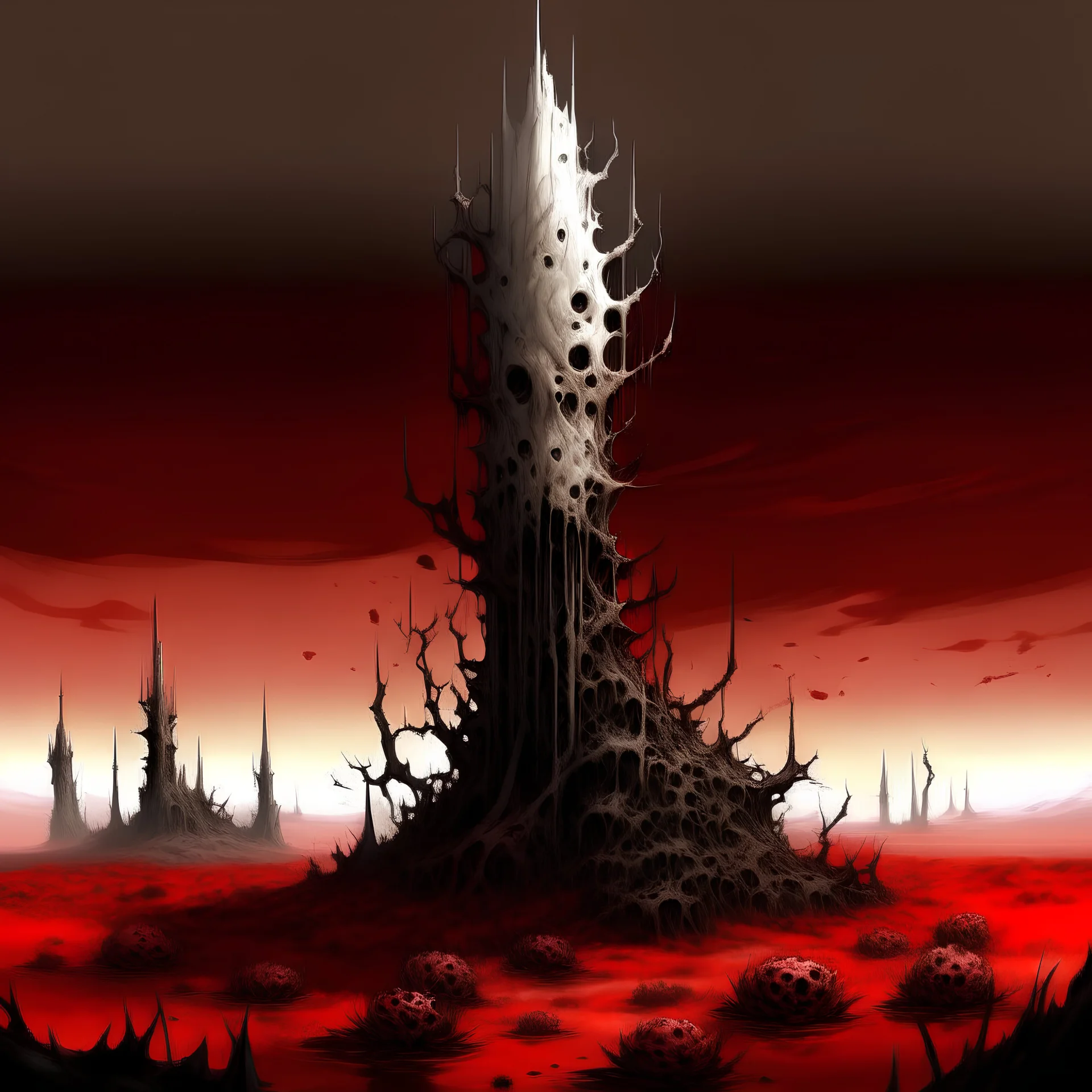 white thorns pillar tower of bones, field of blood blood, war, red sky