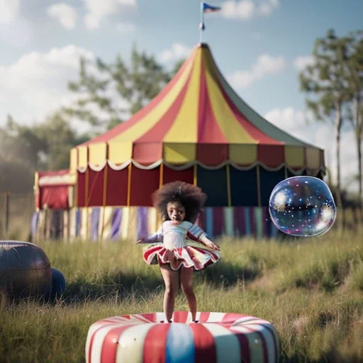 Ultra realistic circus scene. Sweet big hair flying. Child’s playing, smile, happy, color bubbles, smooth color, waist up view, Wes Anderson style, a lot of people background, highly detailed, concept art, unreal engine 5, god rays, ray tracing, RTX, lumen lighting, ultra detail, volumetric lighting, 3d, finely drawn, high definition, high resolution.