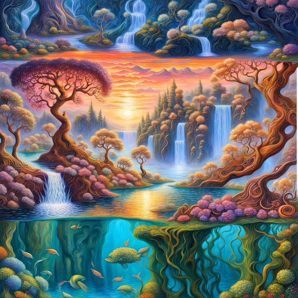 Imaginary landscape trees. . And he sells. Meh. lake.Underwater ornamental fish perfect anatomy, fantasy, vibrant digital art professional award winning masterpiece, oil on canvas Atmospheric extremely detailed Josephine Wall