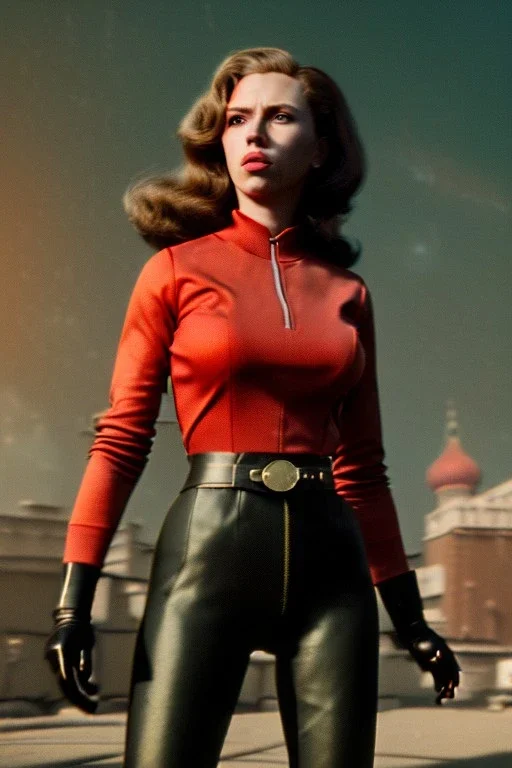 retro portrait image from 1960, Moscow background, wind, long red hair, fighting stance, sweet young Scarlett Johansson, classic black tight lycra suit, weapon, gold bracelet and belt, high heel boots, soft color, highly detailed, unreal engine 5, ray tracing, RTX, lumen lighting, ultra detail, volumetric lighting, 3d, finely drawn, high definition, high resolution.