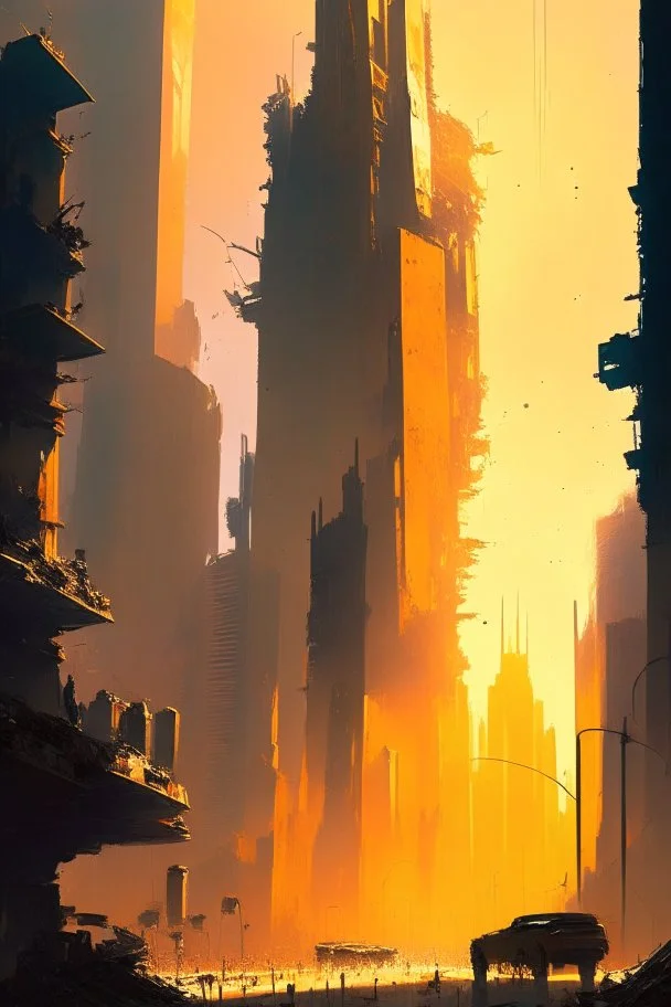 The dazzling metropolis decorated with towering skyscrapers and bustling with life is being subjected to the merciless ravages of the blazing summer sun causing it to gradually liquefy into a gooey molten mess, apocalyptic landscape of a cityscape melting under the scorching heat of the sun, Digital painting, Highly detailed, art by ian mcque and sparth, Dark, Post-apocalyptic, Vivid, Sharp focus, Artstation, Sci-fi, abstract.