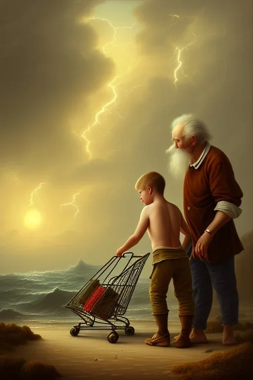 painting of young boy standing and old man sleeping on beach, old clothes, dark storm clouds overhead, gloomy, bleak, shopping trolley, ship at sea, little fires