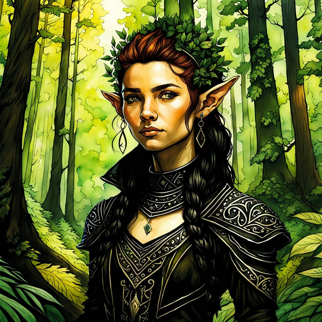 create an oil and watercolor full body portrait of a young, nomadic goth punk forest elf female fantasy art character, with highly detailed, sharply lined facial features, in the deep forest of Brokilon , finely inked, 4k in the style of Maxfield Parrish