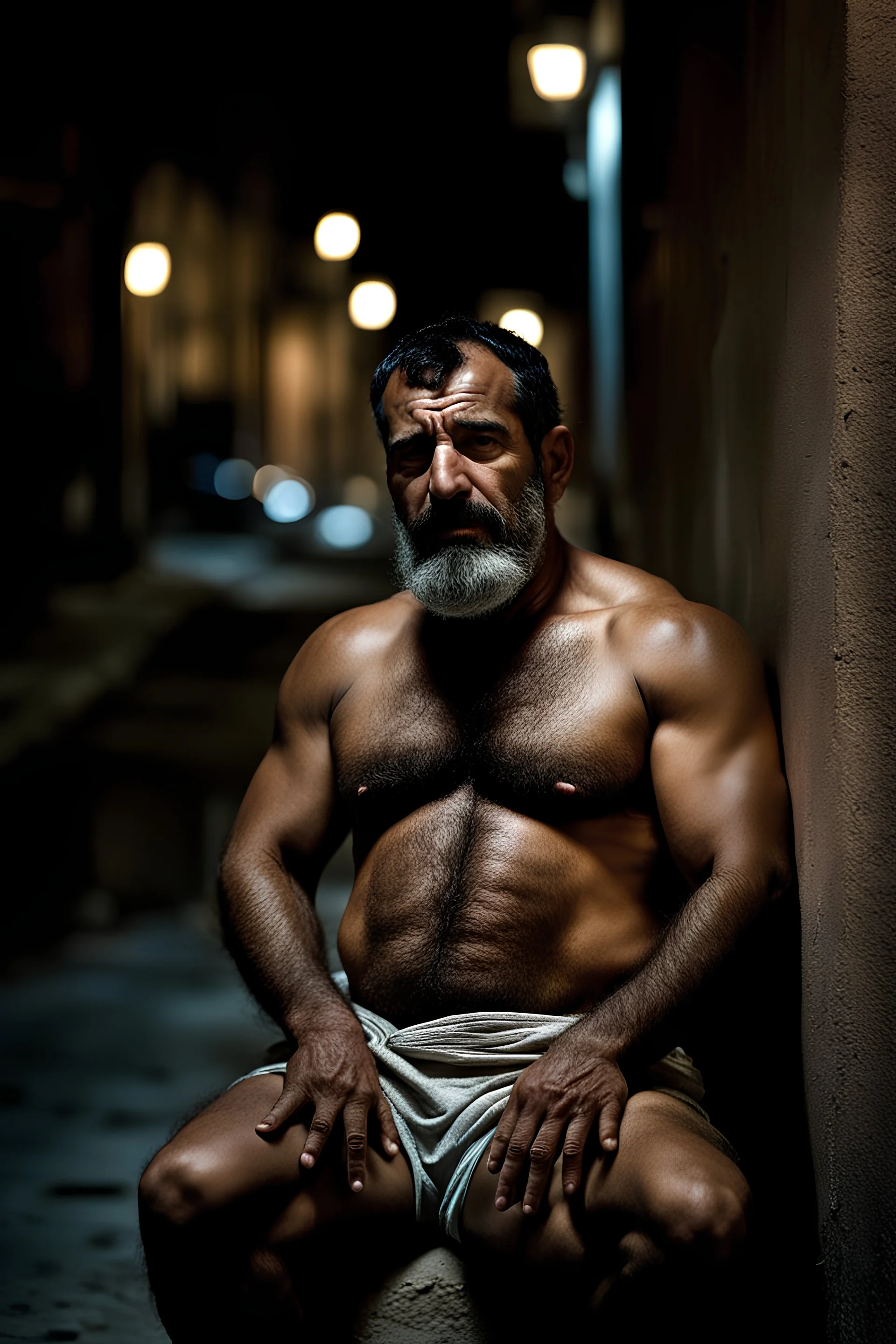 macho viril ugly muscular arab man in the darkness, sleeping relaxed sitted on an little empty street, 46 years old, bulging dirty shorts pants, dirty, bullneck, hands behind the neck, manly chest, very hairy, ajar mouth, short beard, big shoulders, relaxed, photorealistic, well defined facial features, half figure photography, big nose, in the night, misery and poverty, view angle from the ground, dim side light