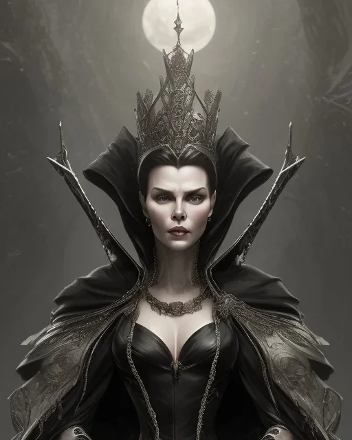 old evil queen in black leather gown, volouptous, busty, cleavage, angry, emperious, 8k resolution concept art portrait by Greg Rutkowski,