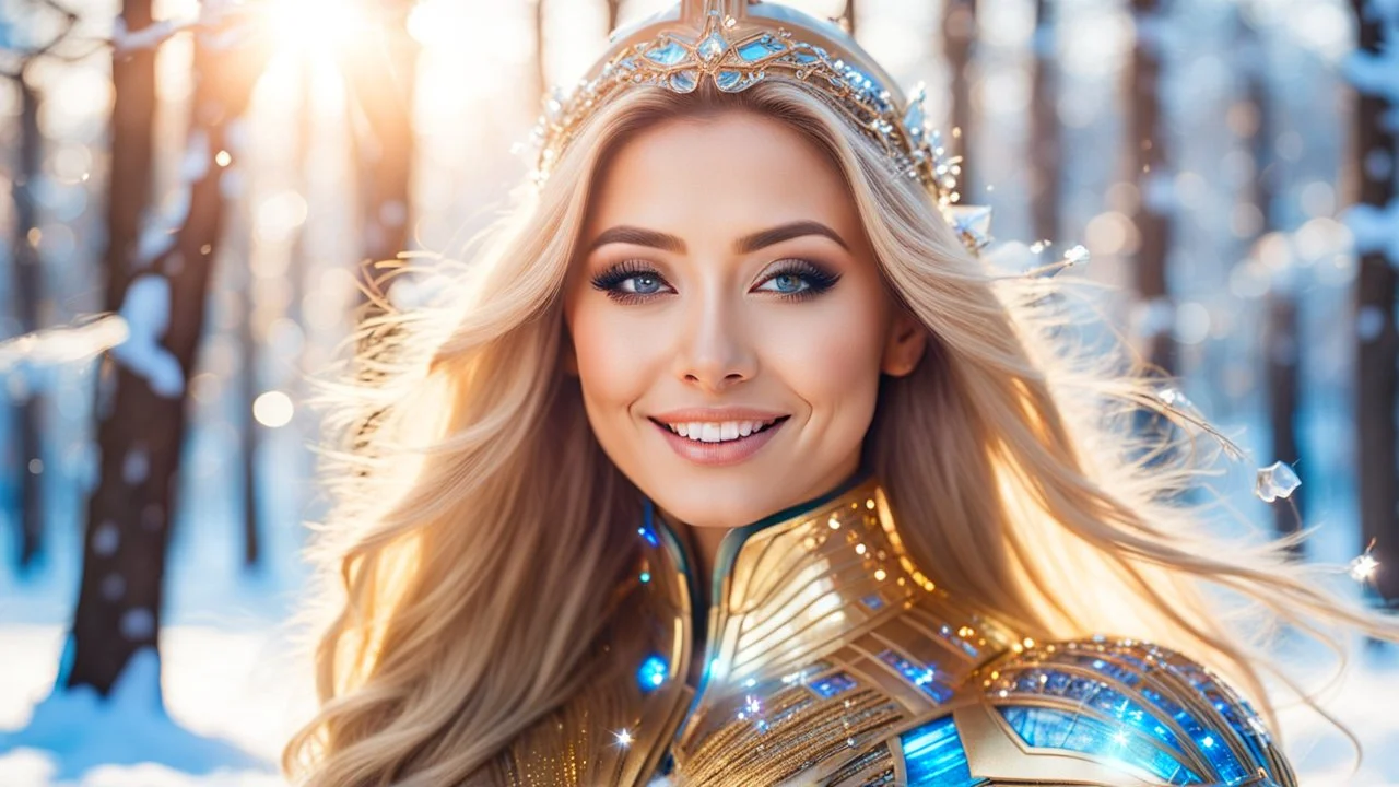 Photo realistic portrait of a gorgeous smiling euro-asian goddess with a golden dark shining skin, long smooth blonde hair, blue eyes, in a sci-fi outfit with luminous strikes blowing a kiss in a snowy wood with beautiful trees, a futuristic crystal palace with cupulas, sunrays through the branches at sunset, particles in the air in winter. Intricated details,