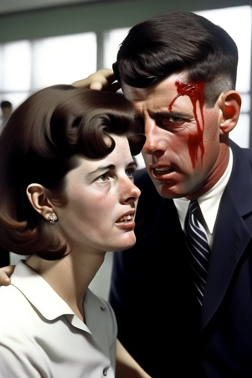 President John F. Kennedy with head blown off by a woman, gore, blood, brain matter, death, destruction