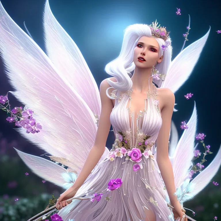 fantasy fairy with transparent wings, smiling, make up, long platinum blond hair with crown and flowers, pink dress, unity engine