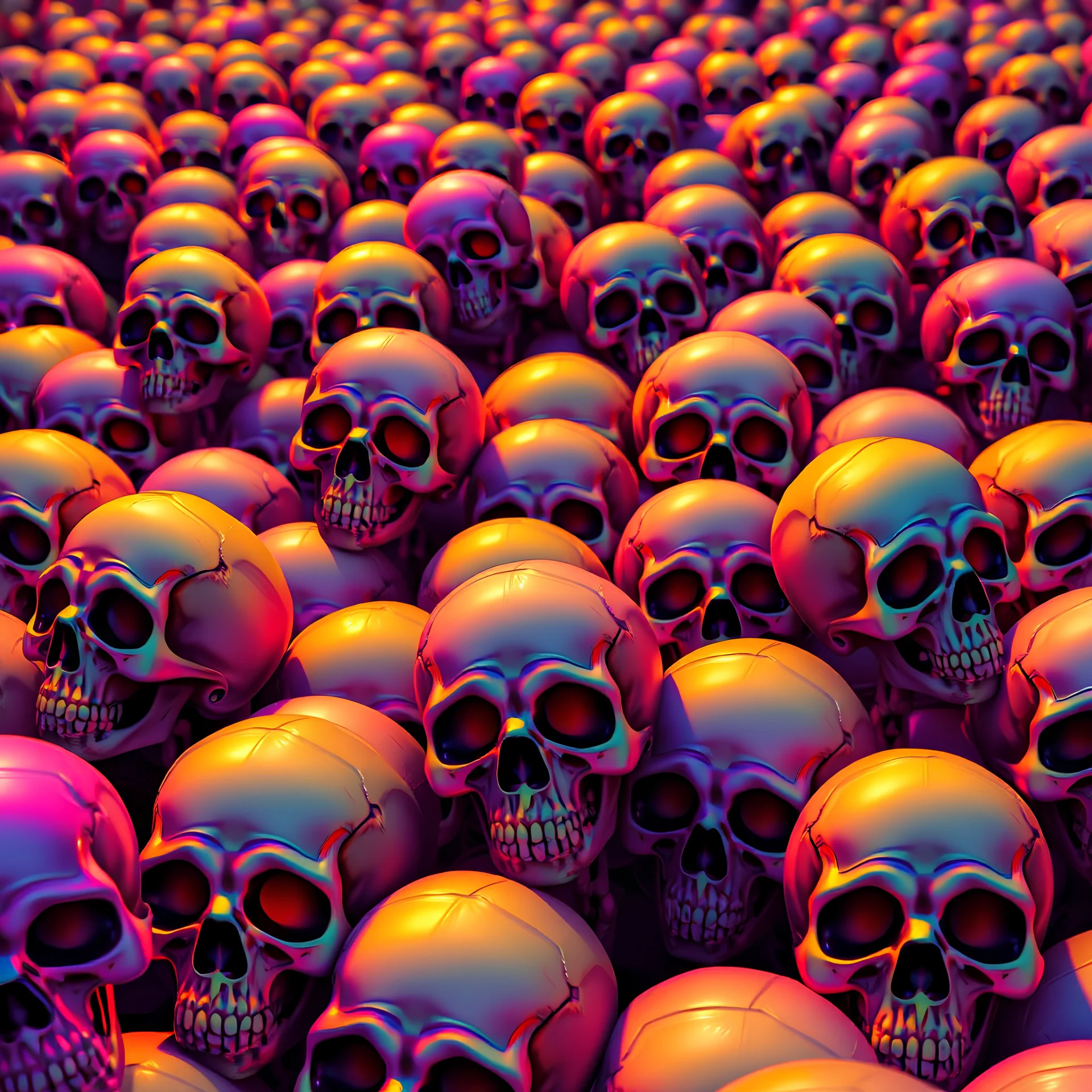 a field of 1000s of cartoonish, anatomically correct, skulls, vivid RANDOM BRIGHT neon colors, dark comedy, well lit, high detail, photorealistic, horrorcore, fun, scary, dead