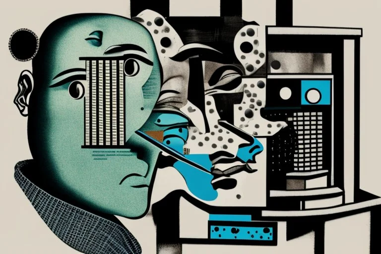 man with head inside a bank maschine in the style of Eileen Agar