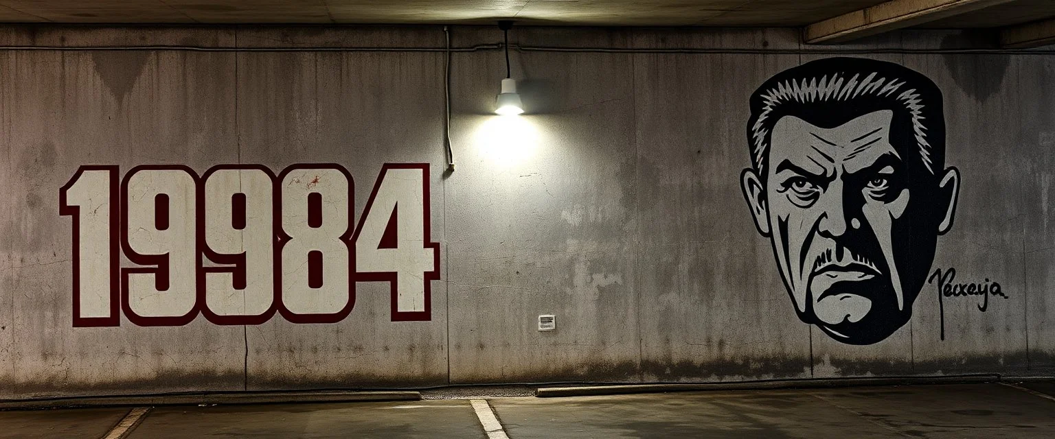 background of wall(wet textured concrete, gray, old, cracked, stained, 1 wall light) from underground parking, german style, a large blocky upside down "1984" painted on left(old faded paint), cyberpunk, to the right a larger mural(tightly cropped face, scornful, staring, dictator, from 1984)