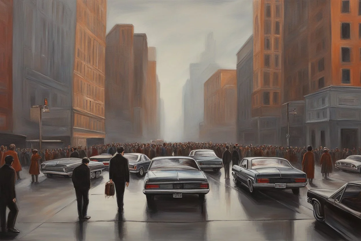 city, cars, people, gary numan influence, realistic painting