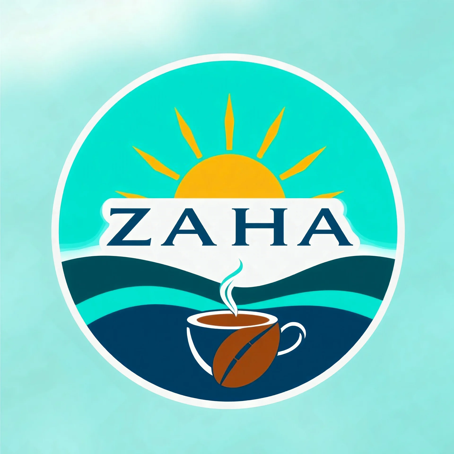 A circular logo with the name (ZAHA) designed for a cafe with the symbol of the sun and turquoise and indigo colors and a coffee bean and a coffee cup at the bottom of the logo.