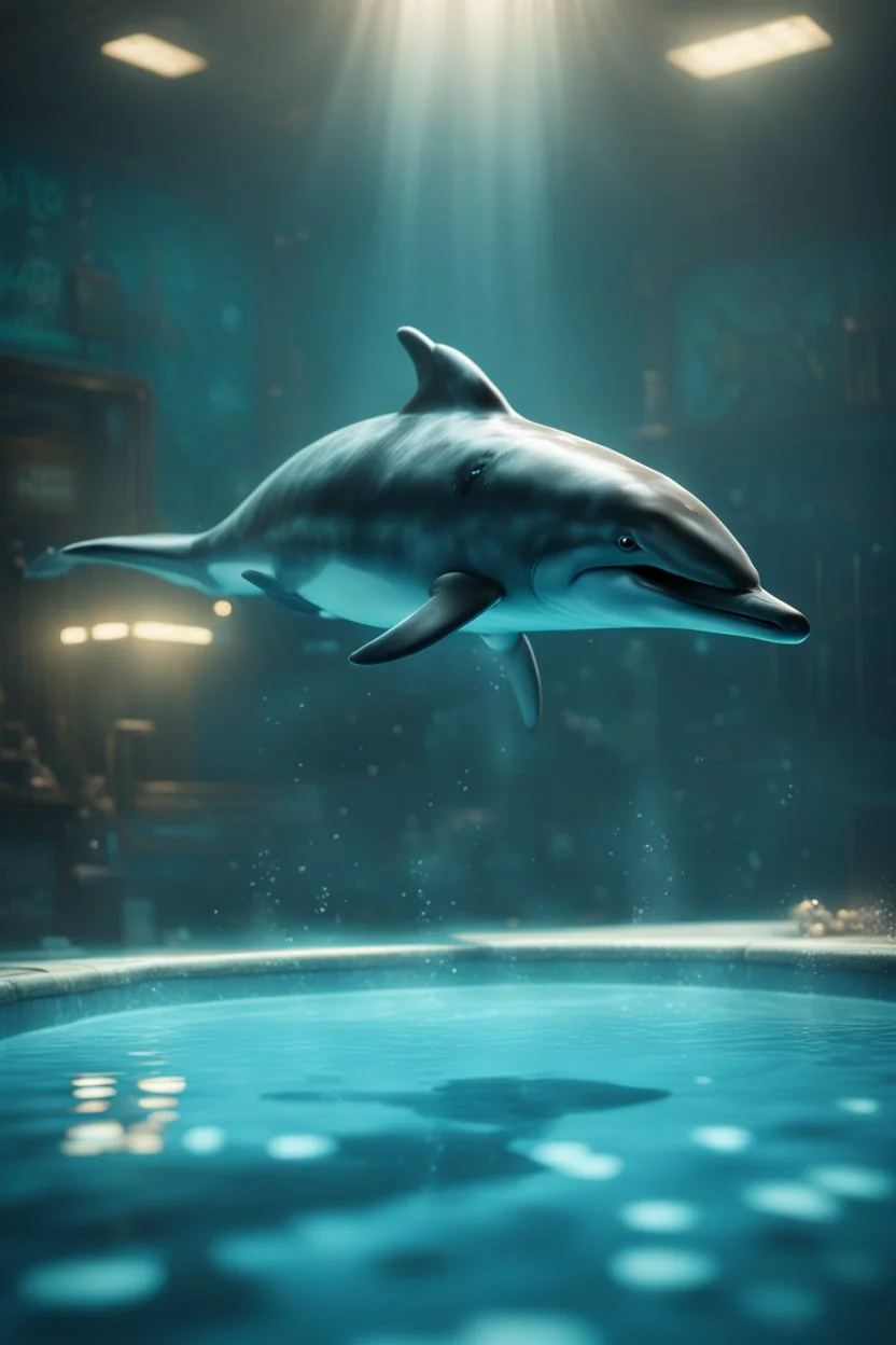 police dolphin in cyan pool in fallout 4 setting, bokeh, downlight, prize winning, depth of field, in the style of ivo caprino, backlight, aura