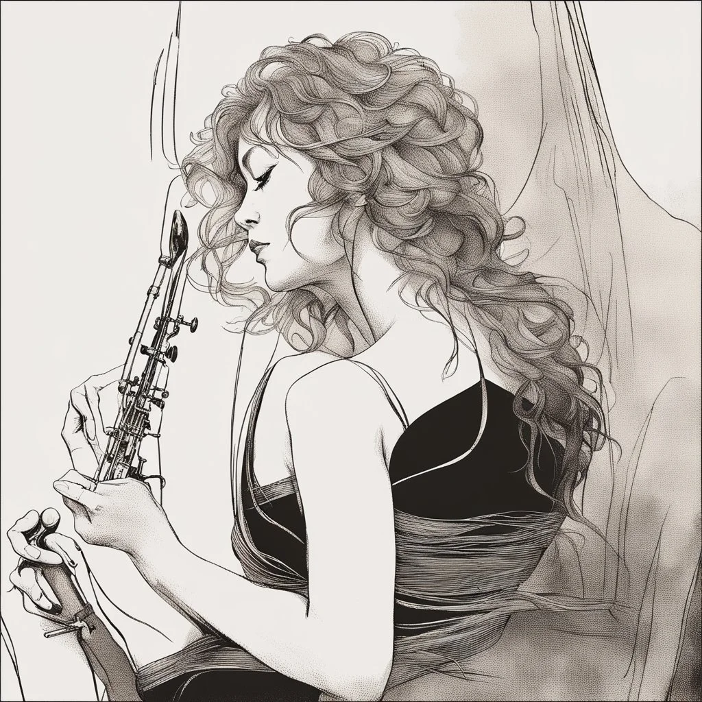 As the music reaches its climax, the woman's body begins to sway back and forth, as if she's lost in the emotions of the song. Tears well up in her eyes, and she lets out a soft, mournful sigh. The recording ends, and she sits back in her chair, lost in thought once againAnd she looks in the other direction style pen drawing