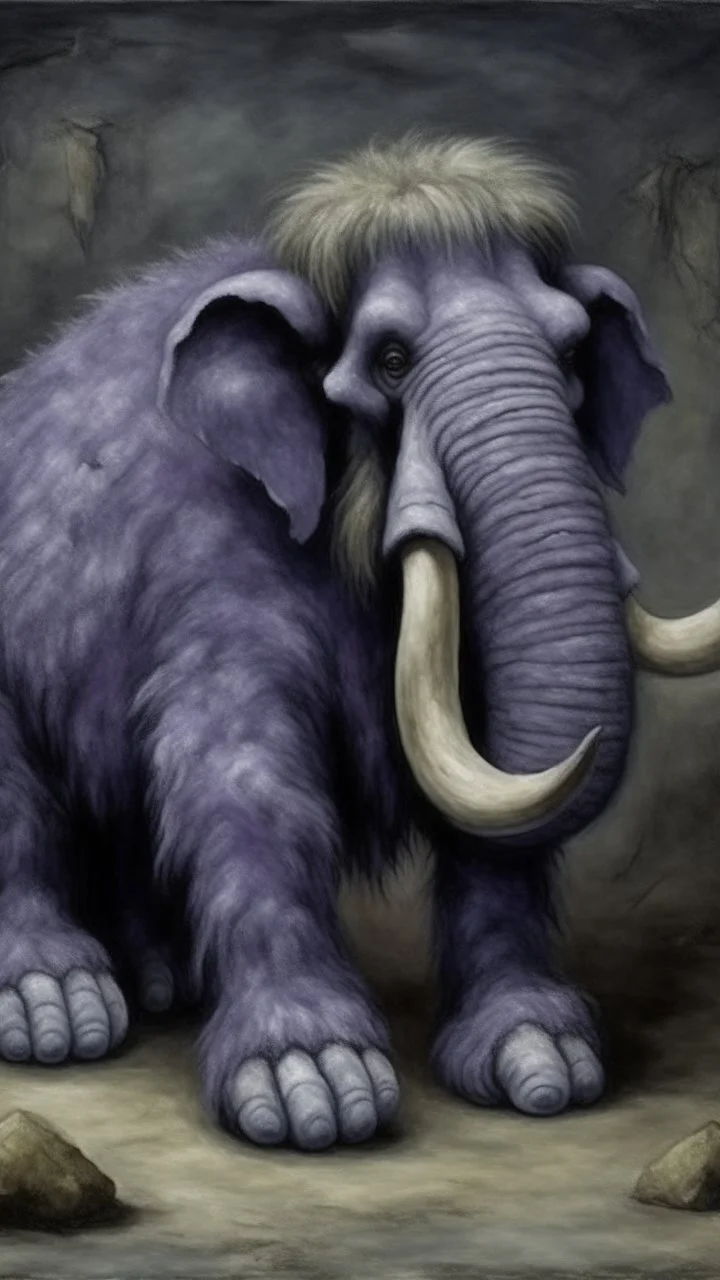 A grayish purple ice elemental woolly mammoth designed in Scandinavian folk art painted by Gustave Courbet
