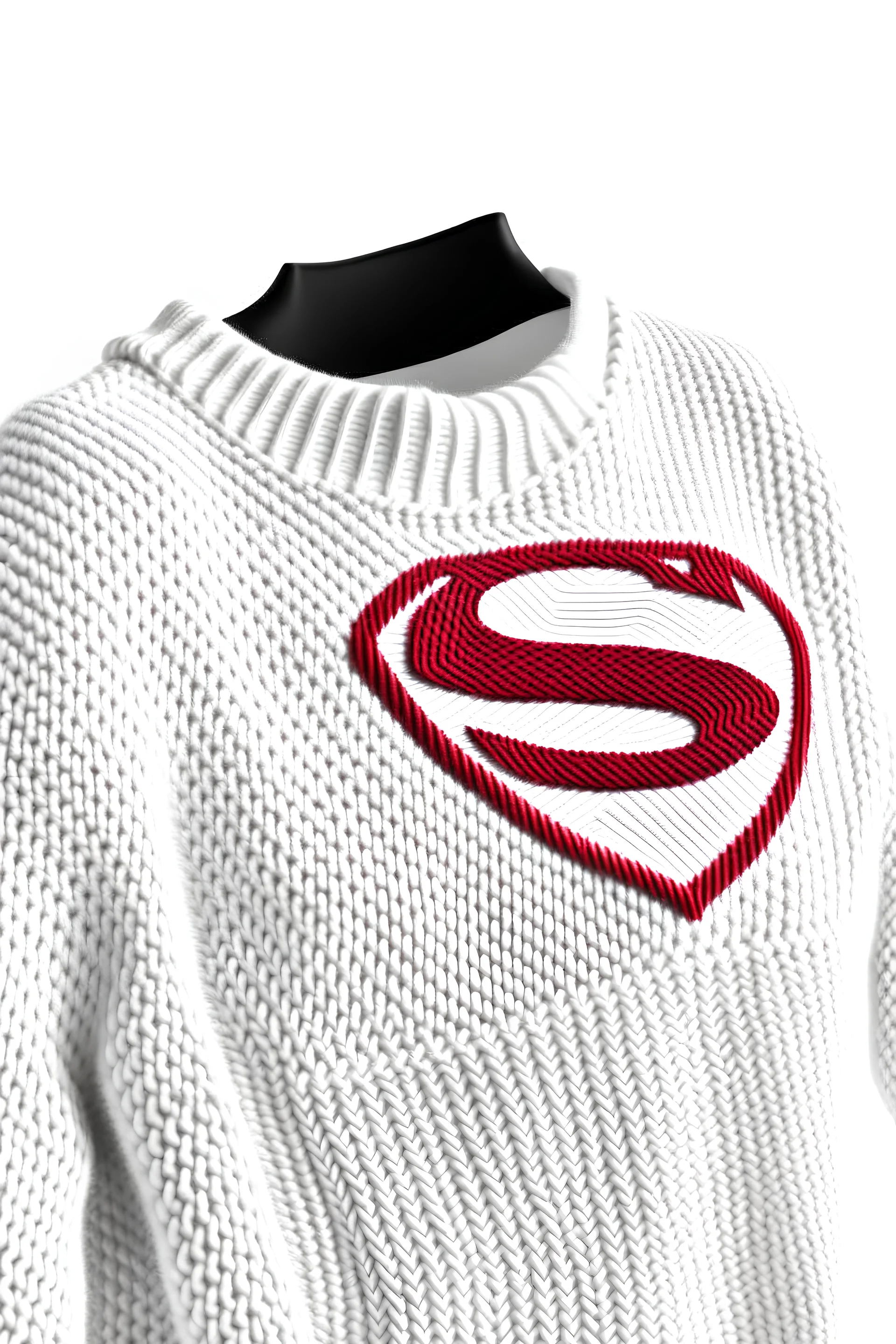 Men's Superman's Balenciaga sweater Winter elegant inspired by Superman's emblem design white tones with dual color on a white background, product catalog photography, soft spot lighting, depth of field, 4k –ar 3:5 –q 2
