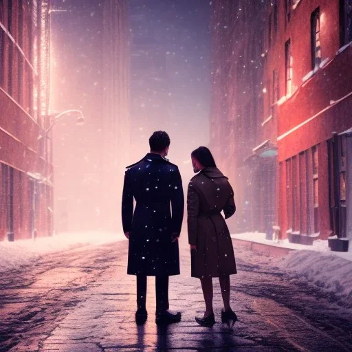 man wearing a trench coat, speaking to a woman in an alleyway, snowy streets of new york at night, looking down at a bottle, dramatic, dramatic lighting, volumetric lighting, hyperrealism, 8k, high quality, photorealistic, lot of details