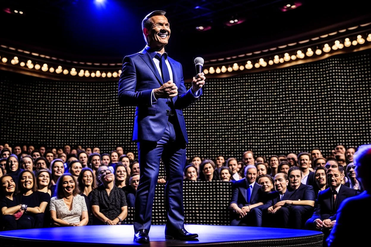 The photograph is of a speaker standing on stage in front of a large audience. The speaker appears confident and excited to speak in front of the audience. The speaker is shown dressed in formal attire and holding a microphone.
