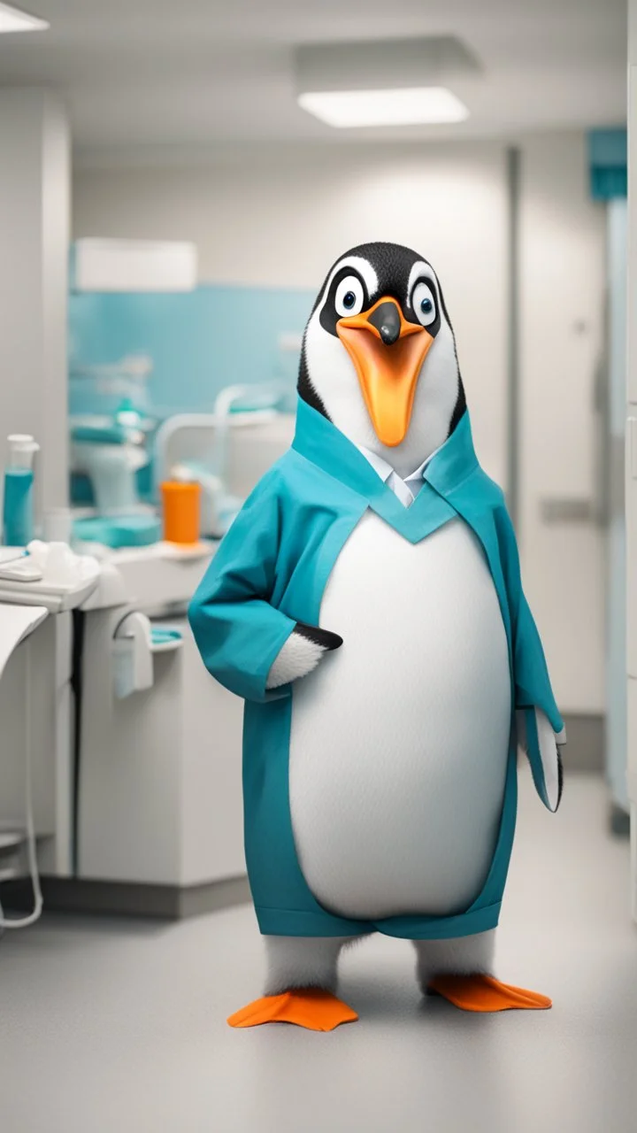 Un pingouin portant l'uniforme d'un dentiste à l'intérieur de la clinique