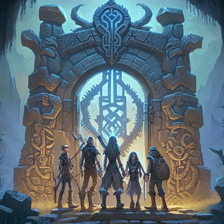 The Gate: A group of adventurers stands before a towering, otherworldly gate adorned with ancient runes. The gate is partially open, revealing a glimpse of a strange and terrifying dimension beyond.