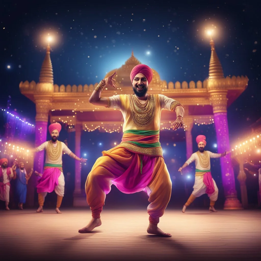 Hyper Realistic Punjabi Bhangra Dance At Night with celebration stage background