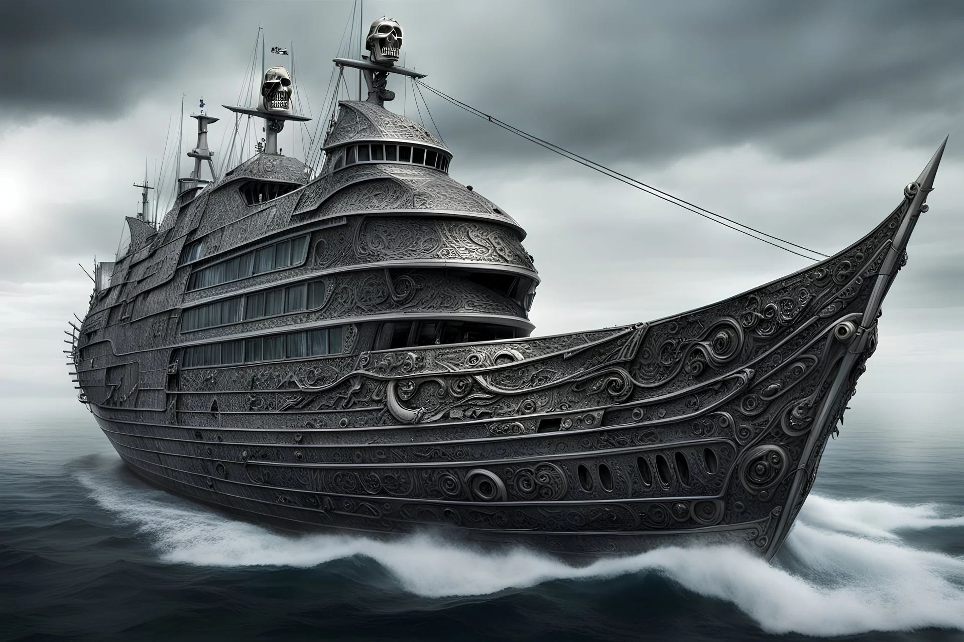 a close up of a boat with a skull on the front, shaped like a yacht, concept boat, gothic ship on ocean, skull like, by derek zabrocki, beautiful and terrifying, insane detailed, insane detail, fantasy skull, sea monster looks like ship, beautiful masterpiece, crazy detailed, stunning high tech, an iron man concept yacht, insane intricate