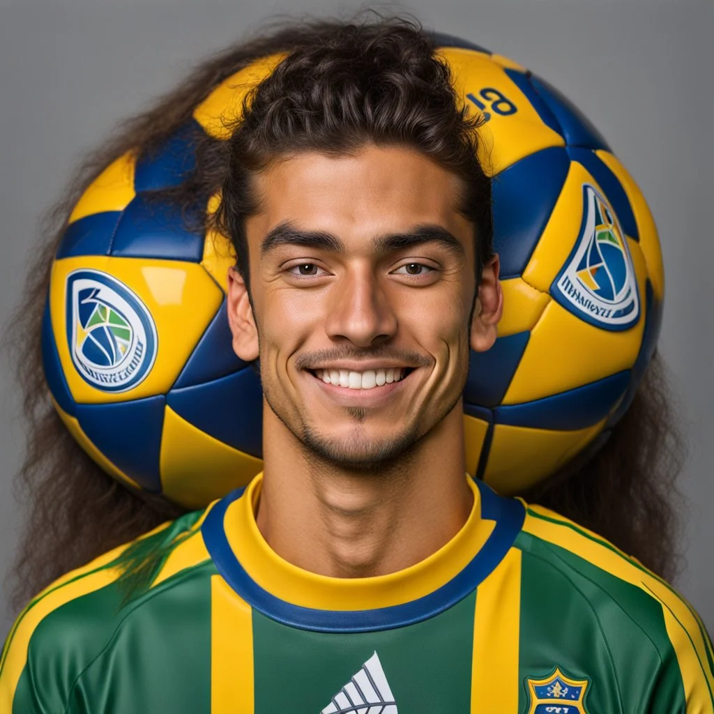 85mm DSLR color photography of a very detailed headshot fitting all of head and hair in frame. 23-year-old Brazilian soccer player, with and with no facial hair and has a with a small smile, grey background has a soft look on his face has smooth long hair