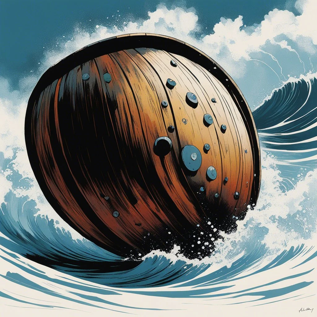 [Art by Kelley Jones] The barrel creaks beneath your weight as you settle onto its weathered surface. The deck rocks gently, the rhythm of the sea's movements matching the subtle sway of the vessel. You reach into your pocket and produce three small, worn dice, their edges dulled by countless rolls. As you shake them in your palm, the sound is muffled by the patter of rain and the groan of the ship's timbers. The old sailor notices you from the corner of his eye, his grip on the compass tighten