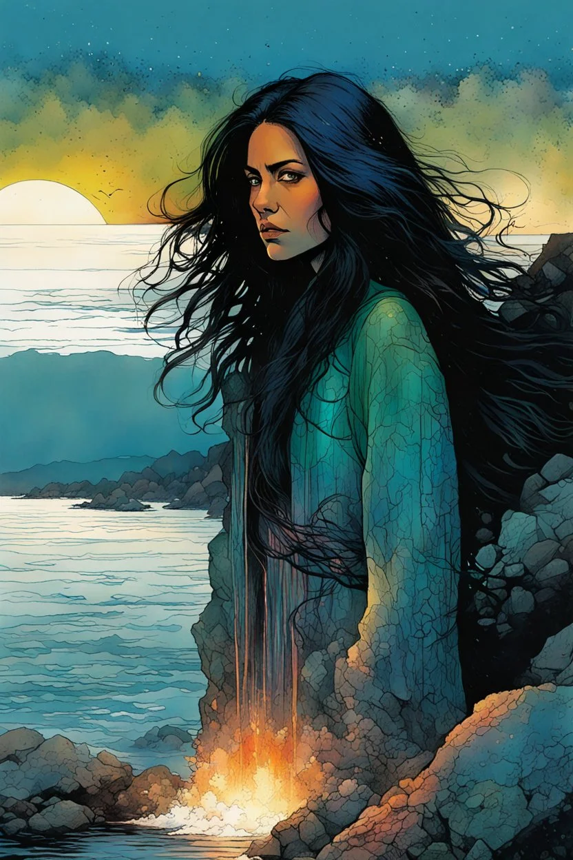 create a print illustration of a raven haired female Salish shaman with finely detailed hair and feminine facial features, along the rocky shore of Vancouver Island , in the comic book art style of Bill Sienkiewicz, Mike Mignola, and Jean Giraud Moebius, finely textured, drawn, colored, and inked, suffused with the dramatic natural light of dawn