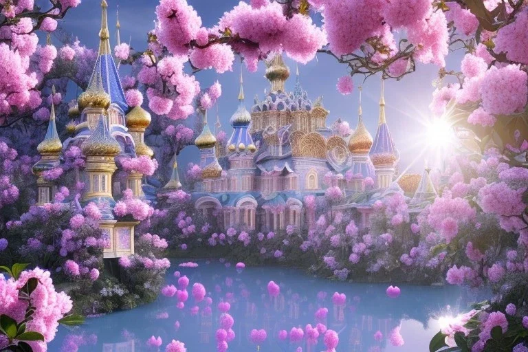 a magical crystal flower magnolias bougainvillier fuksia blue gold house russian palace castle in the woods, magnolias pink,blue lake,sun,white swanns,pink vertical, blue lake,sharp, vines, candlelit, endor, ornate, elegant, highly detailed, artstation, concept art, smooth, sharp focus, illustration, 8k, splash art, wallpaper, key visual