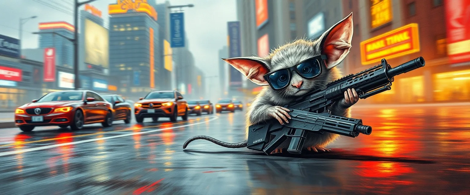master oil painting by Rembrandt, pen outline and airbrush,the tilted quilter,glasses and ticks, cyberpunk imagery synchronized mechanical stylized fluffy gremlin rat bat laying low holding a few guns barely hanging on, drumming kit flat power trike flickering stable core, wet reflective salt flat city, fast motion blur background, translucent tube cars, technocracy mega tv