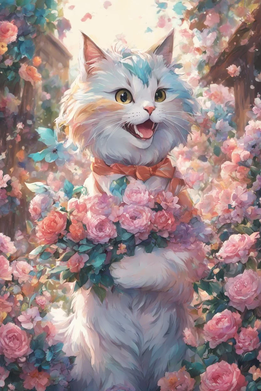 high resolution,best quality anime, highres,Full Body, 8k character concept,8k, pixiv, illustration, ultra-detailed, face focus,Line Art,Ink,acrylic painting,pastel painting,mysterious,elaborate,dof,Laughing cat with a bouquet of flowers,confetti of flowers, kawaii, thick eyebrows, smile, pastel colors, pop art, anime style, very delicate brushwork, clear, vivid, face Clear