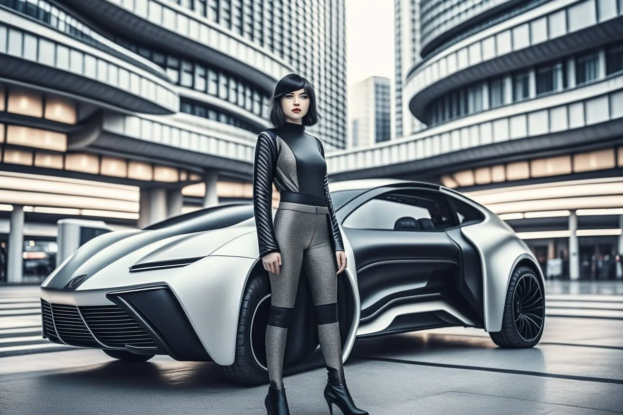 A Full-Length Pale Dark-Haired Woman With A Straight Bob Hairstyle With A Fringe, In A Futuristic Leather Outfit, And Gloves, Standing Next To A Futuristic Car, in a futuristic city