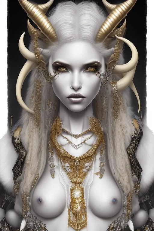 A young tiefling woman with a set of ram horns on her head encrusted with jewels, White-Blonde, short hair, black eyes, dressed in white and gold with lots of jewelry, beautiful, satanic tattoos on her neck,