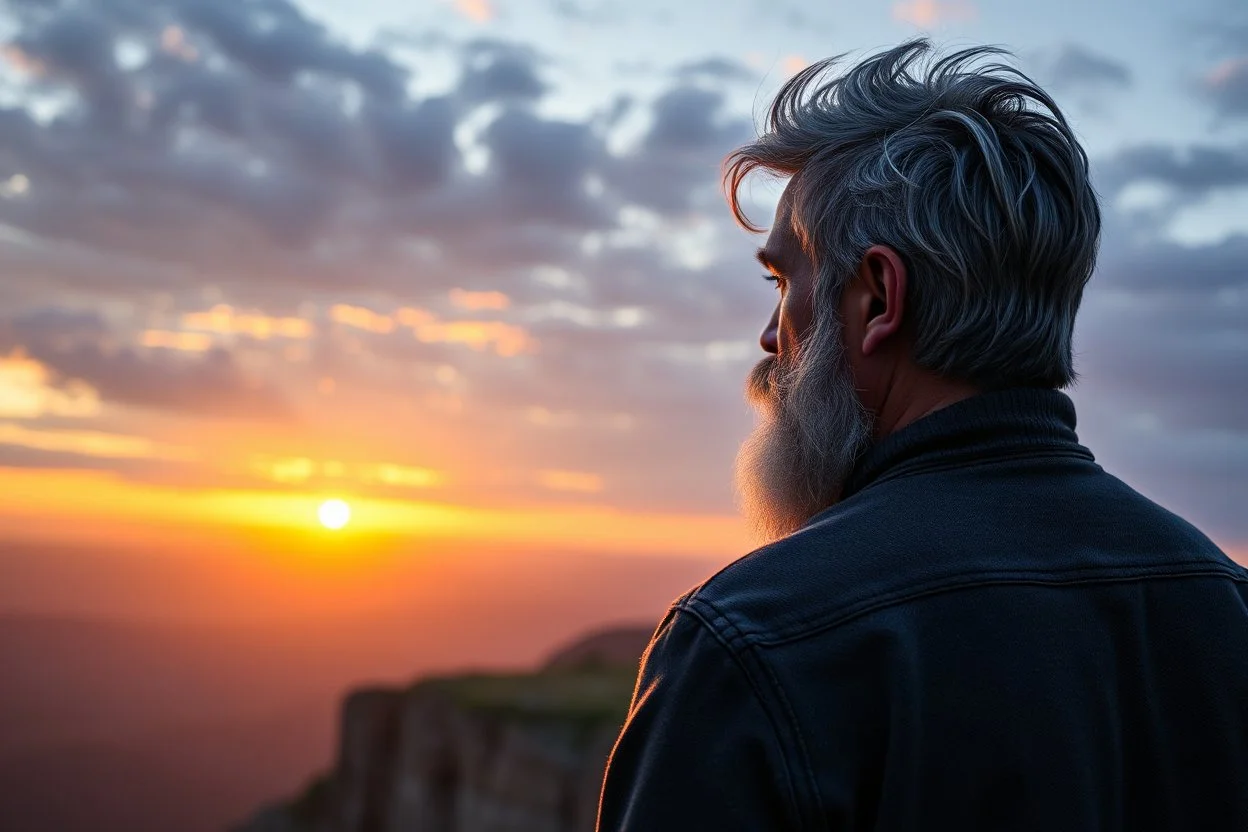 a brawny man with grey hair views sunset from a cliff