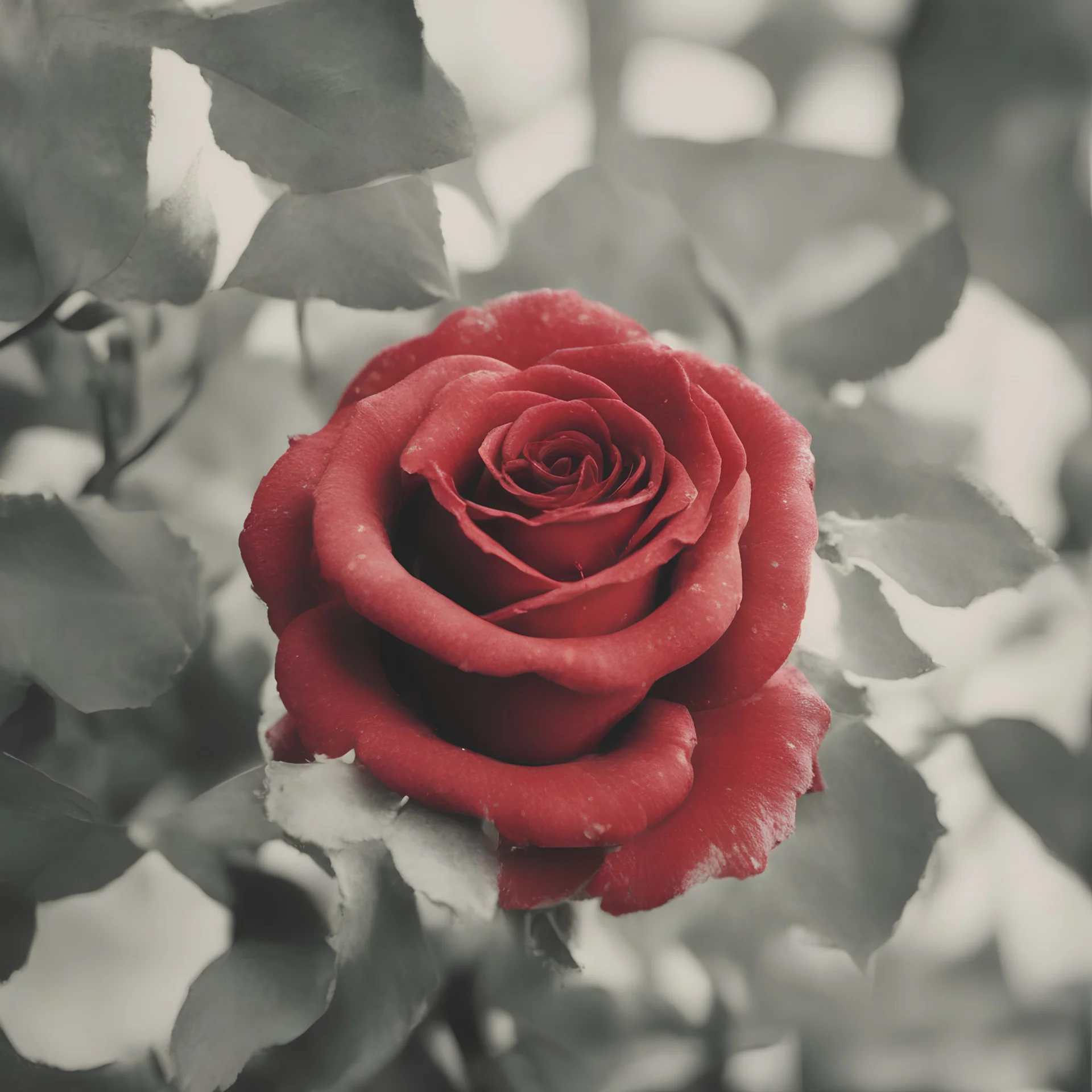 Red rose in the 1970s, old analog photography with white,