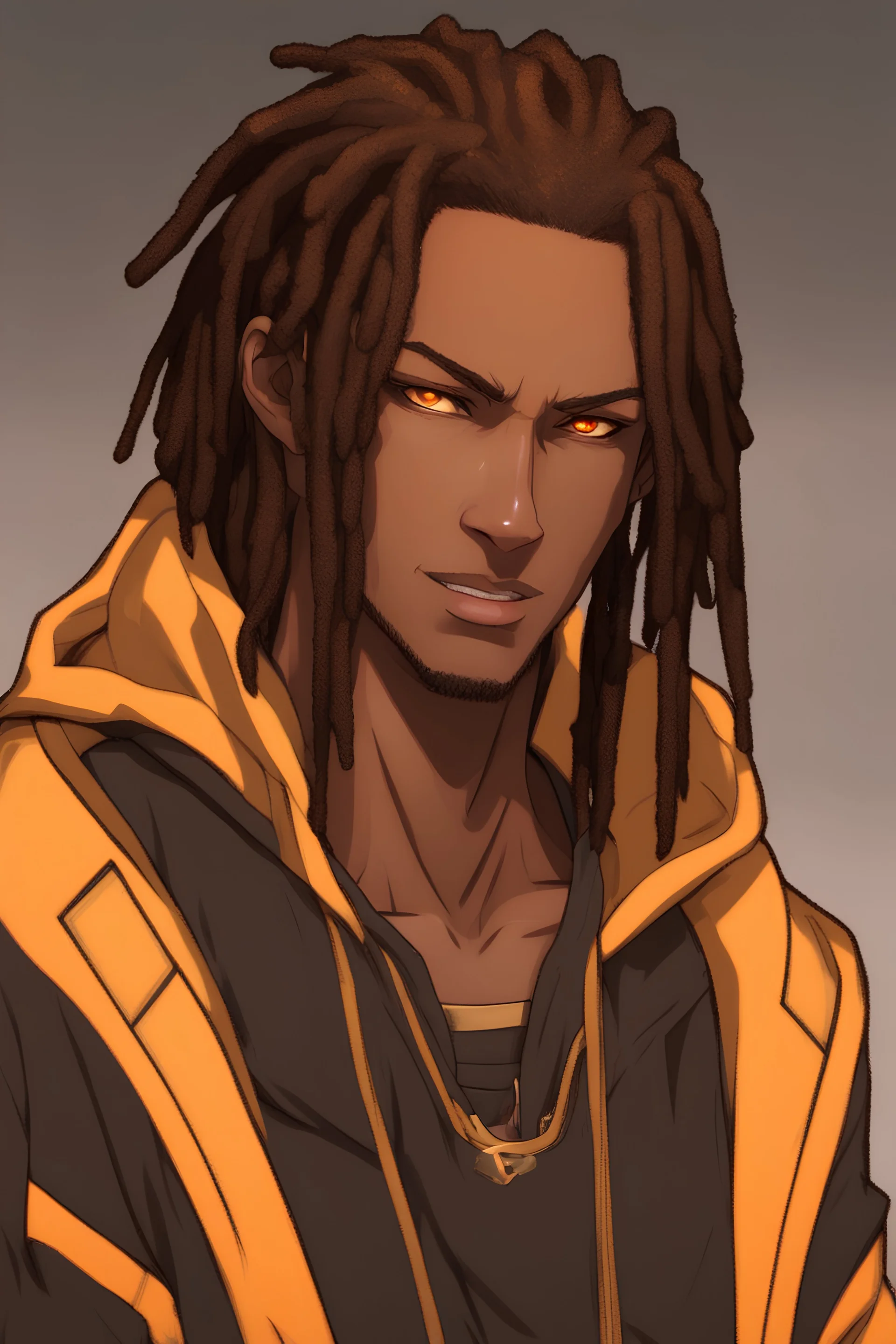 Anime male, age 22, long thick dreadlocks doing down past neck length, orange highlights in hair, dark brown natural hair color, white and gold hoodie with the hood down, brown eyes, lean slim muscular body, cybernetic features on face, glowing yellow cybernetic features in hair, relaxed smile