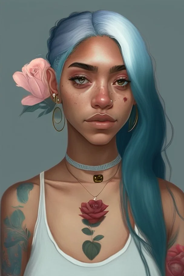 Young woman with big grey eyes, brown skin, rosy cheeks, long silver earrings, really long straight blue hair in ponytail, round face, slim body, big bobs, green shirt, red flower tattoo on collarbone,