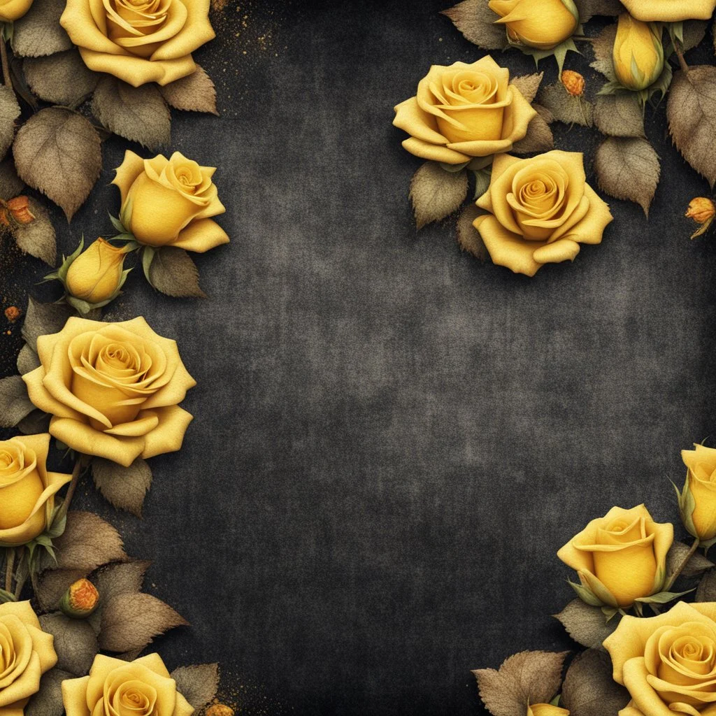 Hyper Realistic grungy multicolored small yellow roses border background with rustic black jeans texture & vignette effect