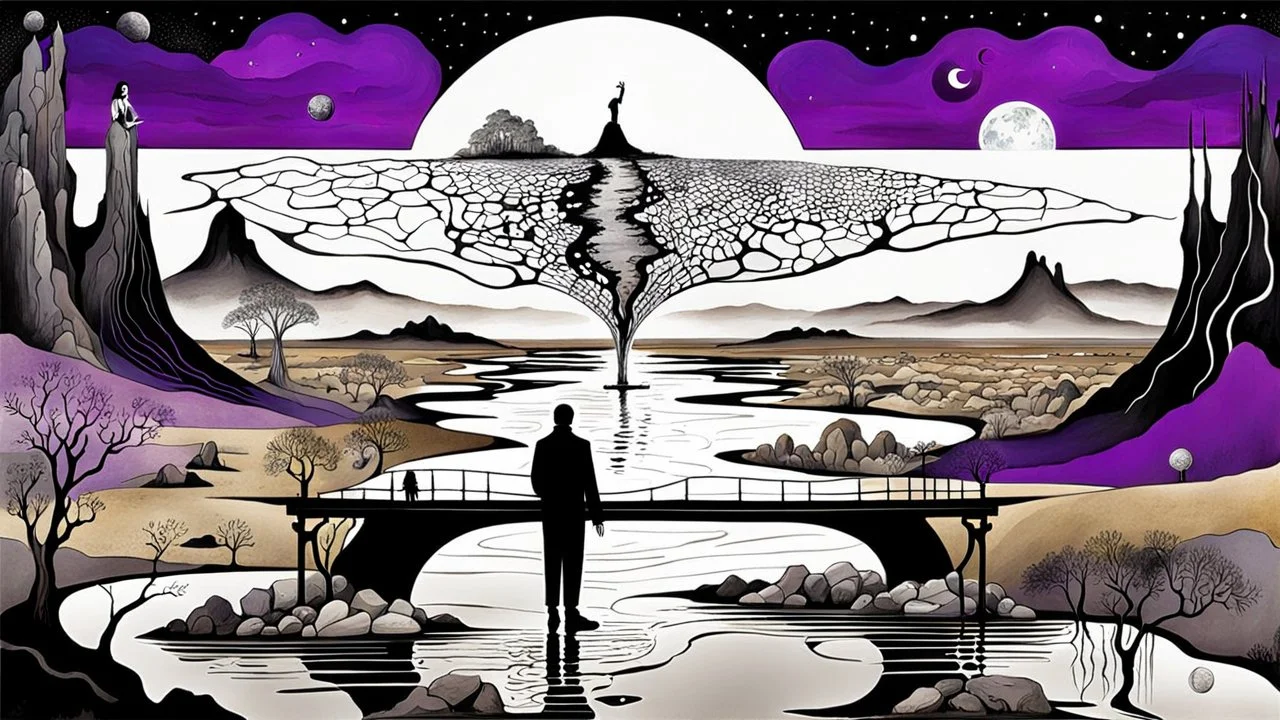 inner world with uncontrolled mind and soul, in midle an alone human figure stands on thin bridge with a big map his hands , weird whimsical landscape, forest, and Sahara water and rocks,, around surreal cracked painted weird land with some black doors. dark purple, gray, black, white, brown. Whimsical style of Chagall , of Minjae Lee and René Magritte, lonely face with absurd beauty. broken, weird bizarre absurd nightmare, labirynth, dark vision, neuron network background, surreal vibe